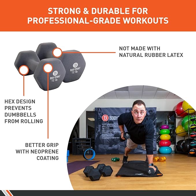 Body Sport Neoprene Dumbbell Weight - Latex-Free, Strength Training Equipment for Home Fitness & Gym Workouts
