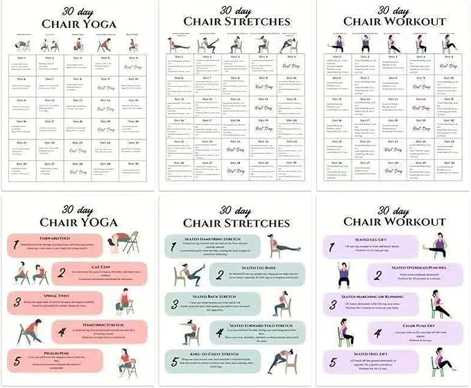 Chair Yoga 30-Day Set - 6 Pieces | Workout Supplies with Instruction Book for Beginners Home Travel Gym Office Morning Family Friends Sports Athletes Bodybuilding Fitness Strength