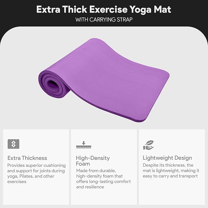BalanceFrom 71x24 Inches Extra Thick Yoga Mat 1-Inch High-Density Foam – Roll-Up Exercise Pad with Double-Sided Non-Slip Surface and Carrying Strap for Pilates and Home Workouts, Multiple Colors