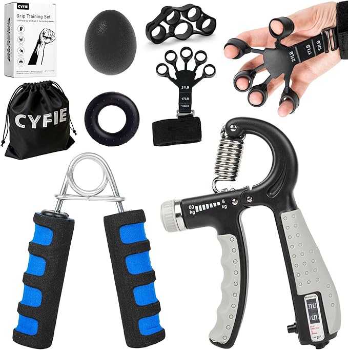 CYFIE Grip Strength Trainer Kit, Adjustable Hand Gripper Strengthener, Forearm Strengthener & Finger Exerciser Set with Finger Stretcher, Stress Ball & Grip Ring for Athletes, Rock Climbing & Rehab