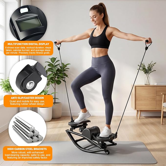 Rock Stepper Side-to-Side Lateral Rocking Fitness Stepper for Women, Rock and Roll Stepper Exercise Rocker with Digital Monitor & Resistance Bands,Step Rocker Machine for Home Workout