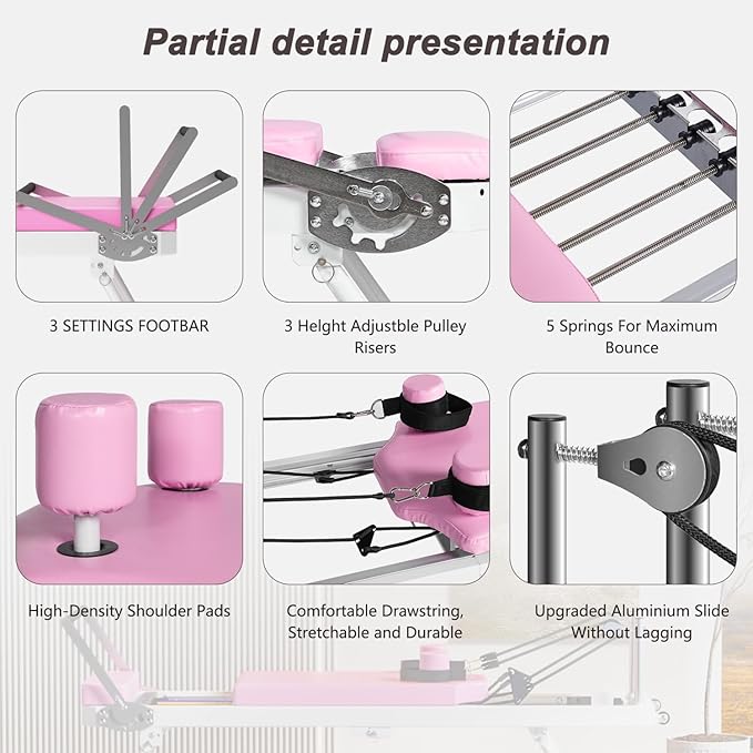 Pilates Core Bed, Foldable Home, Yoga Studio with Commercial Fitness Equipment, Pink