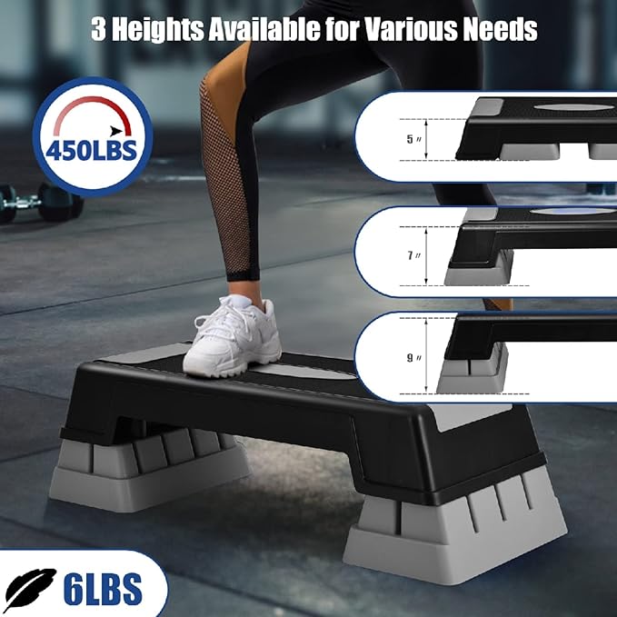 Happytools 28'' Aerobic Stepper, 5’’ 7’’ 9’’ Levels Height Adjustable Fitness Step Trainer, Exercise Step Platform w/Risers & Non-Slip Foot Pads for Home Gym Cardio Strength Training