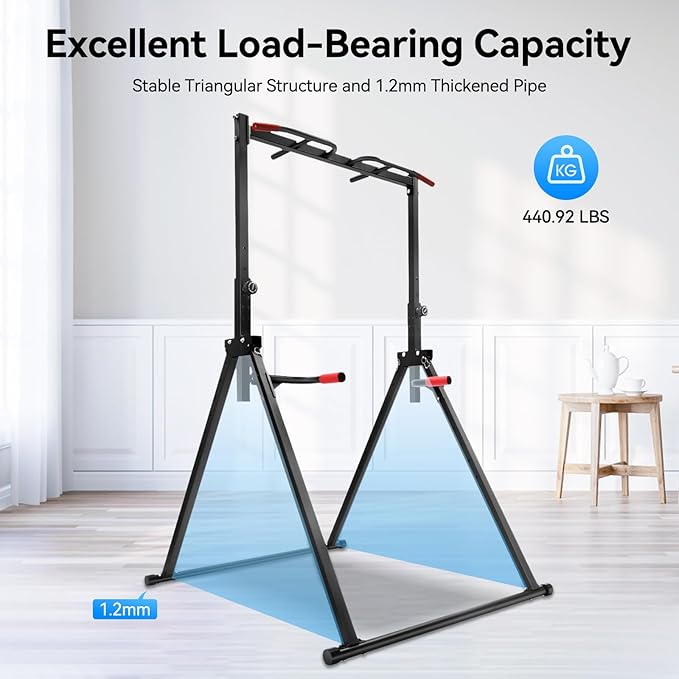 440.92LBS Pull Up Bar Station, Portable Pullup Bar Station, 5.74-7.55ft Height Adjustable 1.2MM-wall Stable Triangular Structure PVC Carbon Steel Freestanding Home Training Workout Dip Stands