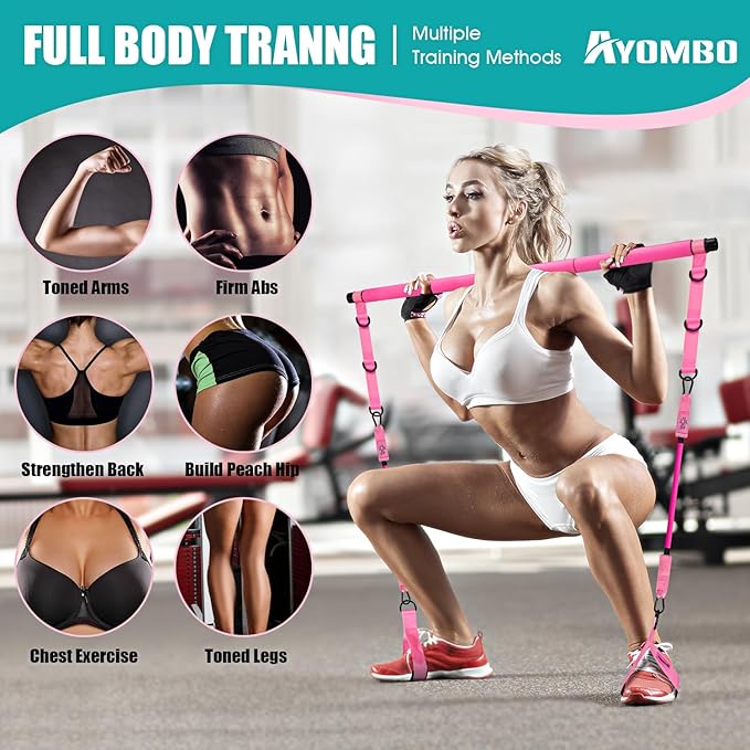 Pilates Bar Kit with Resistance Bands, Pilates Workout Equipment for Legs, Hip, Waist, Arm, Squats Exercise Equipment for Home Workouts, Adjustable 3-Section Pilates Bar Kit for Women & Men