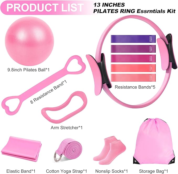 Pilates Kit for Women, Pilates Equipment with 13'' Magic Circle, Pilates Ring and Ball Set with 5 Strength Bands, Hip Thrust Belt, Compact Workout Set at Home