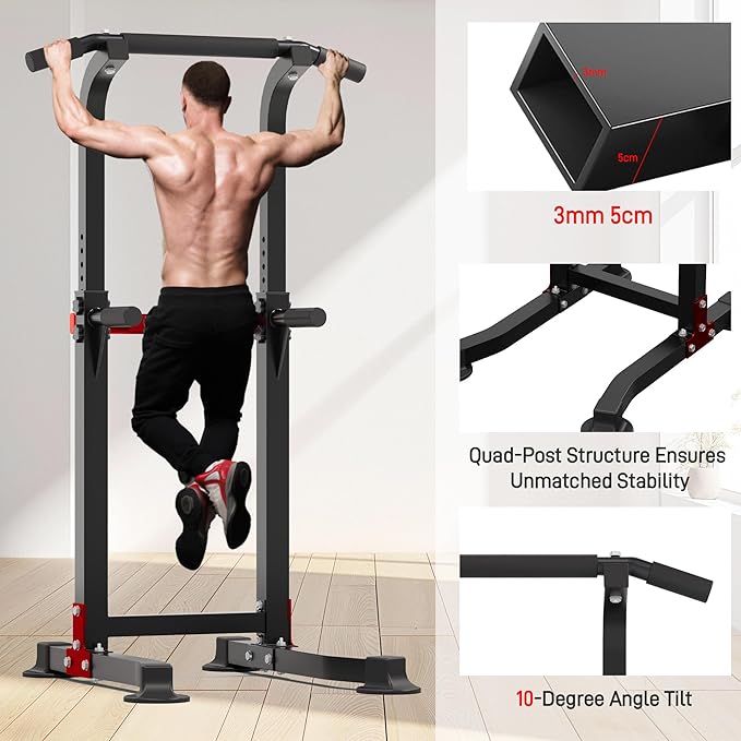 Outdoor Basic Power Tower, Pull Up Bar and Dip Station for Home Gym, 1400LBS Weight Capacity, Adjustable Height, Heavy Duty Steel Frame for Calisthenics, Strength Training Fitness Equipment