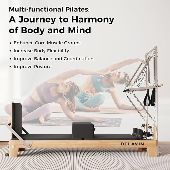 DELAVIN Pilates Reformer with Tower, Pilates Machines with Springs, Sitting Box, Jump Board and Accessories, Solid Wooden Pilates Equipment for Studio, Gym and Home Workout (FBA)