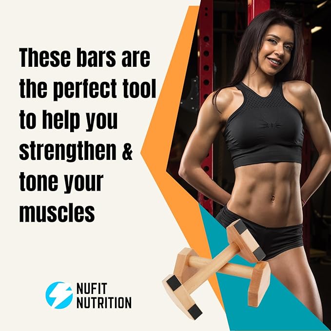 NuFit Premium Push Up Bars & Wooden Parallettes, Non-Slip Beech Wood Calisthenics Bars for Wrist Support, Push Up Stands for Home/Gym Dips & L-Sits, Pack of 2