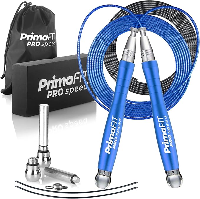 PrimaFIT Jump Rope Pro Speed Skipping Rope Adjustable Adult Jumping Rope Weighted Aluminium Handles for Double Dutch Boxing Workout Crossfit Exercise Fitness Spare Cable Weights Protectors Carry Bag