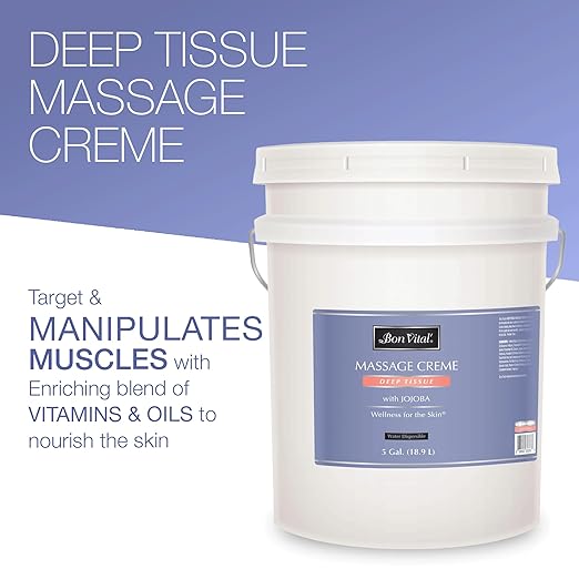 Bon Vital' Deep Tissue Massage Creme, 5-Gallon Container, Lightweight Non-Greasy Formula for All Skin Types, Ideal for Deep Muscle Manipulation, Hydrating Massage Lotion for Spa and Home Use