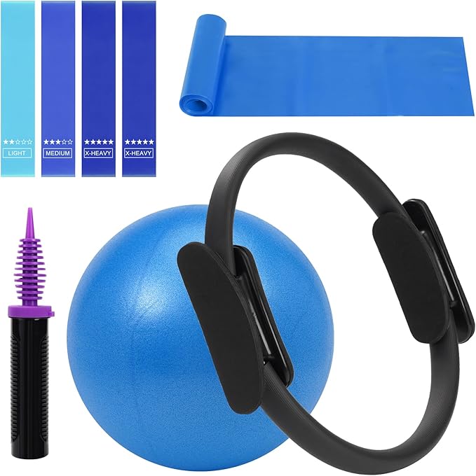 Pilates Ring Fitness Circles Set, High Resistance Yoga Ring Pilates Equipment Set for Women Includes Pilates Ring, 9 Inch Small Exercise Ball, 5 Resistance Bands at Home Pilates Workout Set