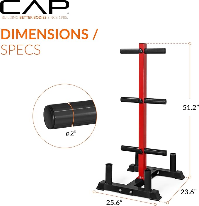 CAP Barbell Olympic Bumper Plate Tree Rack with Weight Plate Posts and Barbell Storage Holders – Multiple Options – Heavy-Duty Steel Gym Organizer for Olympic Plates and Bars
