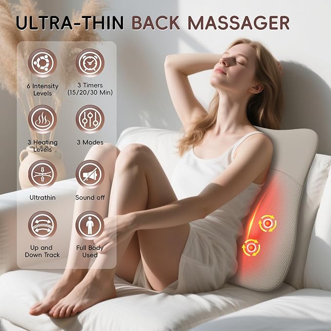 Back Massager, Rolling Up and Down Back Massager with Heat, Back Massage 4D Kneading for Pain Relief Deep Tissue, Ultrathin Shoulder Massager Mother's Day Gift for Women Men Parents, Khaki