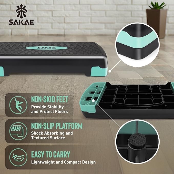 SAKAE Adjustable Aerobic Stepper Kit with Dumbbells & Kettlebell & Weightlifting Belt & Measuring Tape, 2 Level Risers Exercise Step Platform for Home Gym Exercise Fitness Workout, Multiple Colors
