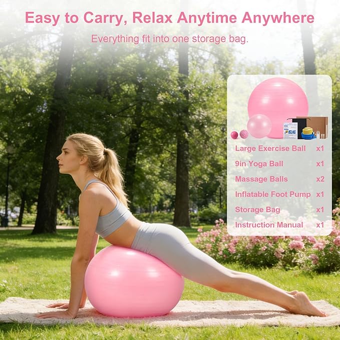 4Pcs Yoga Ball Set includes Large and 9in Pilates Balls, Massage & Spiky Ball for Fitness ,Anti-Burst Exercise Ball with Pumb for Pregnancy,Physical Therapy,Office Chair, Home Workout,3Sizes,3Colors