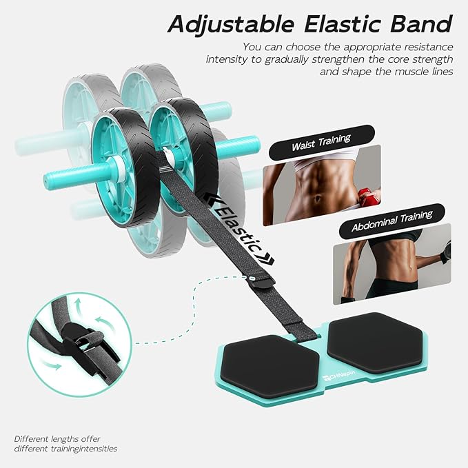 Double-Wheel Ab Roller for Core Training – Rebound Design with Adjustable Elastic Band, Silent Non-Slip Wheels, Detachable Build, Knee Pad & Bands – Home Gym Gear for Men/Women