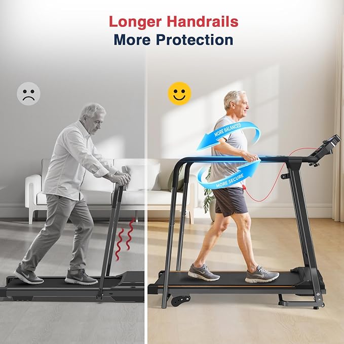 Redliro Walking Treadmill for Seniors - Foldable Senior Treadmill with 0%-2% Incline, Long Handrails - 300 lbs Capacity Home Recovery Fitness Exercise Machine for Elder, Mute & Qucik Speed Button