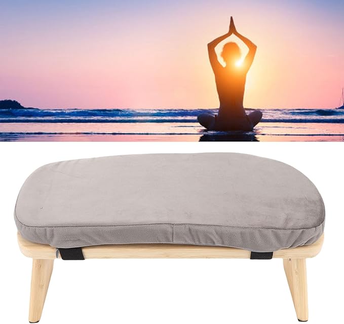 Wooden Meditation Bench, Ergonomic Detachable Meditation Kneeling Stool, Soft Cushion and Carry Bag Stool with Wood Cotton, Ideal for Yoga & Home Practice (Grey)