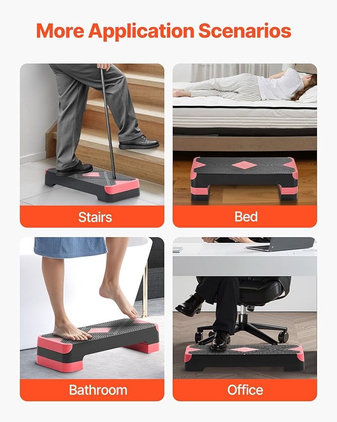 Aerobic Exercise Step Platform, 28-Inch Workout Aerobic Stepper, Height Adjustable Fitness Training Step Deck Trainer with 4 Risers, Non-Slip Surface Bench for Home Gym Cardio Strength, Red