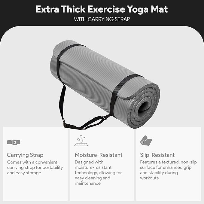 BalanceFrom 71x24 Inches Extra Thick Yoga Mat 1-Inch High-Density Foam – Roll-Up Exercise Pad with Double-Sided Non-Slip Surface and Carrying Strap for Pilates and Home Workouts, Multiple Colors