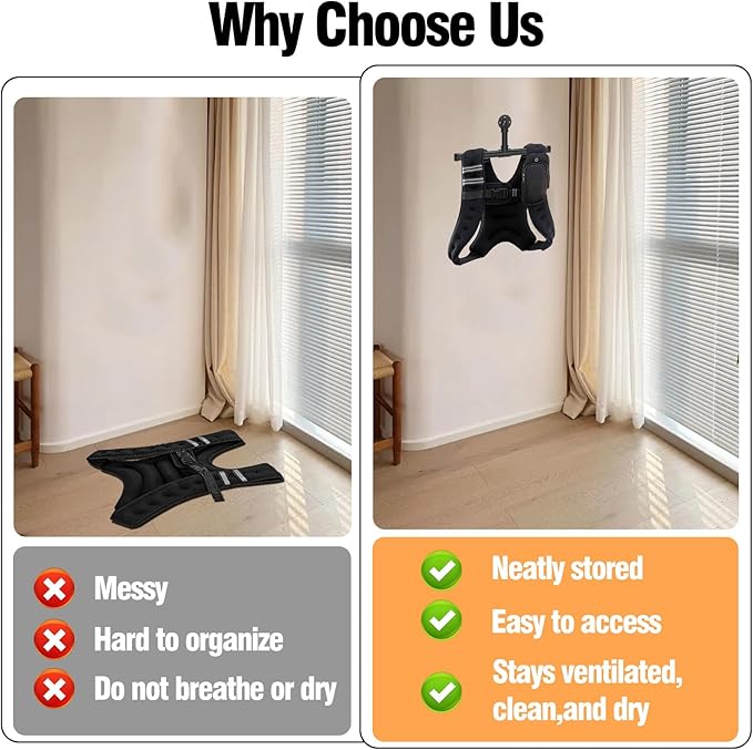 Heavy Duty Wall Mount Hanger for Weighted Vest Women Men – Wall Rack Holds Over 110lbs, Adjustable Weights Vest Storage, Space-Saving Storage for 6lb, 8lb, 12lb, 16lb, 20lb, 25lb, 30lb Weight Vest