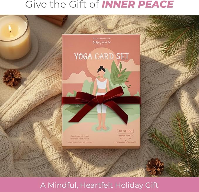 NOLAVA Yoga Card Gift Set – Large 4"x6" Yoga Cards with 30 Poses, 10 Intentions, Sun/Moon Flows & Guided Meditation – Sweat-Proof, Wipe-Clean Deck with English + Sanskrit – Perfect Yoga Gift for Women