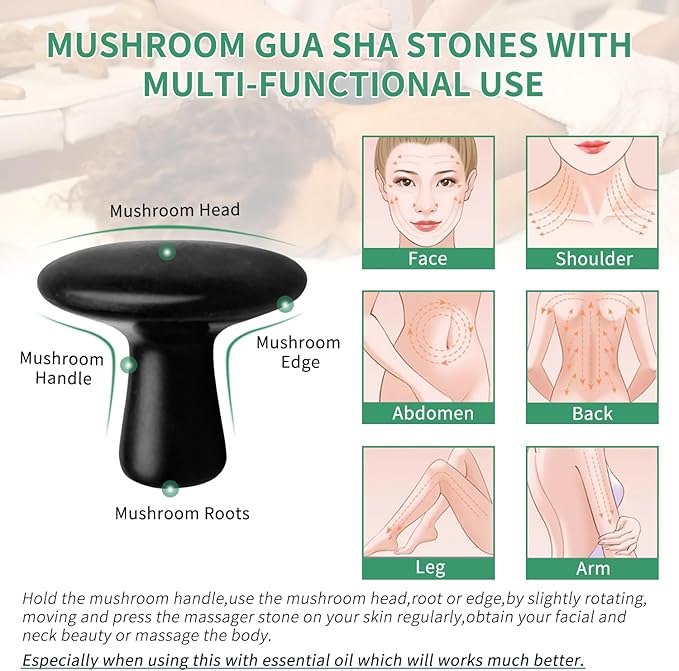 Hot Stones for Massage-6 Large Essential Basalt Massage Stones Set (3.15in) with 2 Mushroom Shape Gua Sha Facial Tools, Massage Tools for Professional or Home SPA, Relaxing, Pain Relief