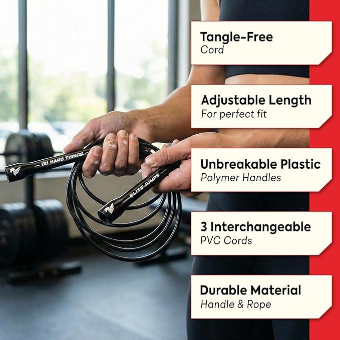Elite Jumps Adjustable Jump Rope – 6mm PVC Training Rope for Fitness & Cardio | Indoor/Outdoor Skipping Rope with Unbreakable Handles, Non-Kinking Cord & Smooth Rotation for Boxing & Strength