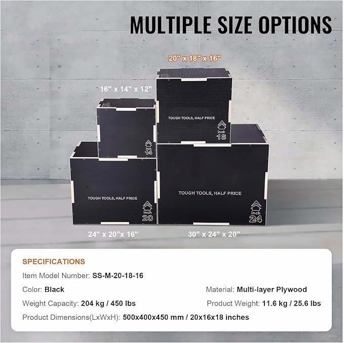 Plyometric Jump Box 3-in-1, 20/18/16 Inch Wooden Plyo Box for Fitness, Agility Training, Step Up Platform - Home Gym Equipment, Black