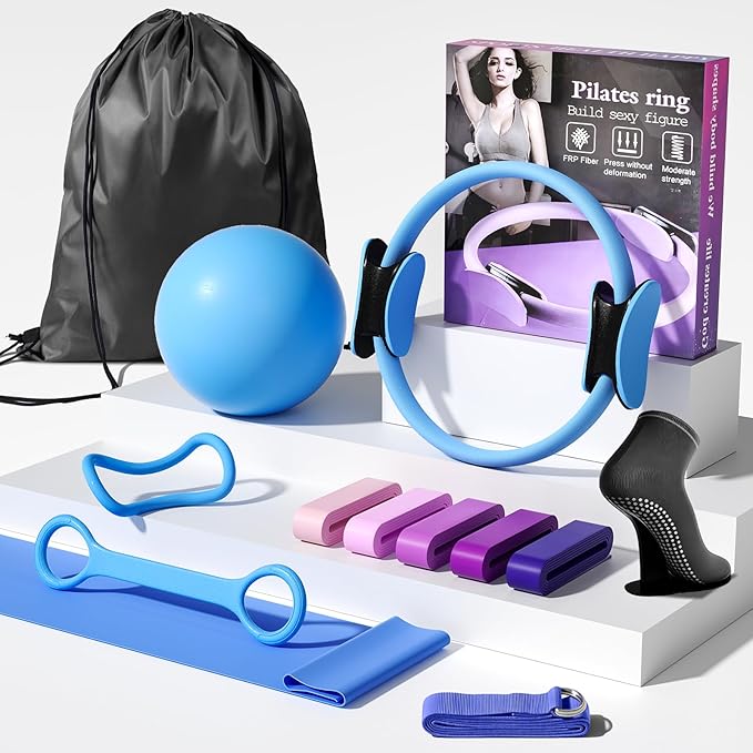 Pilates Kit for Women,15 Inch Magic Circle, 6 Multi-Level Resistance Bands,Yoga Ball Socks, Back Neck Stretcher ,14-Piece Full Body Toning Pilates Equipment for Beginners, 15 Min Daily Routine