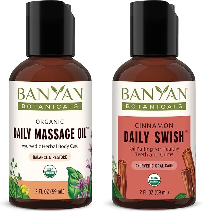 Travel Routine Bundle - 2 oz Daily Massage Oil & 2 oz Cinnamon Daily Swish - Certified Organic, Non GMO, Chemical Free