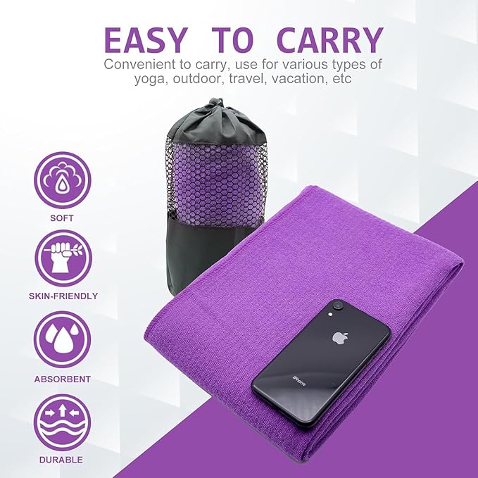 Hot Yoga Towel - Microfiber Non Slip Yoga Mat Towel with Grip Dot Sweat Absorbent Towel for Hot Yoga, Pilates and Fitness 72" x 24", Purple