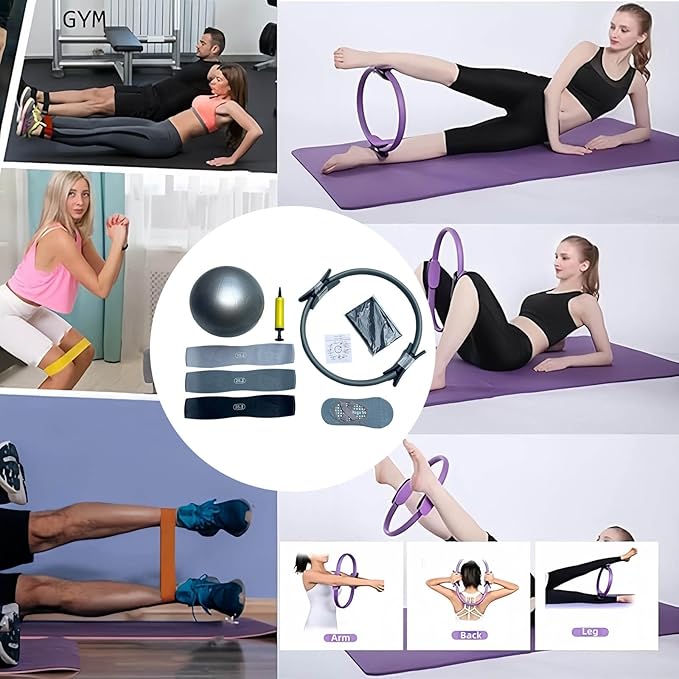 Pilates Ring Set for Home Workouts Women, Pilates Kit with Resistance Bands Magic Circle Accessories, Exercise Ball 9.8”, Portable Fitness Equipment for Home, Gym, Office Workouts