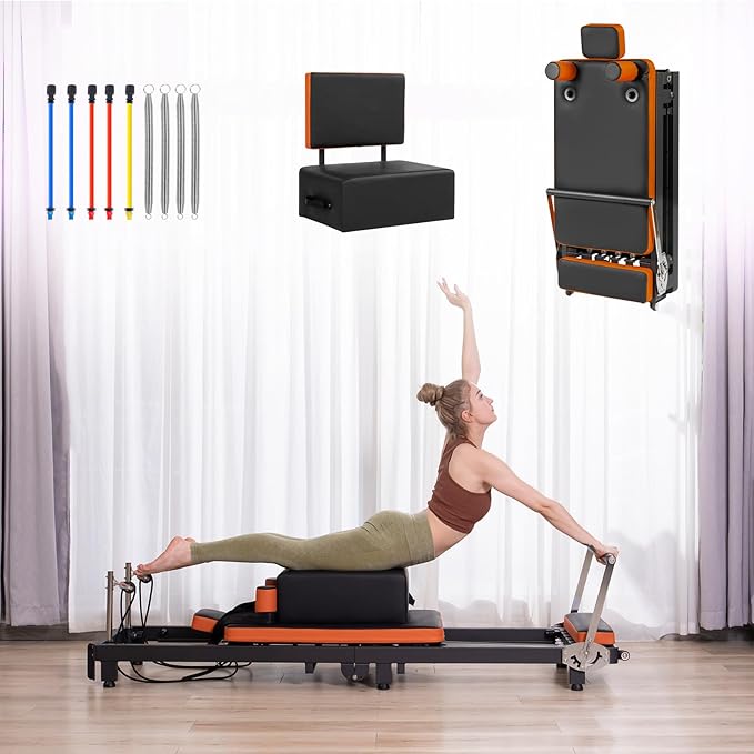 Pilates Reformer,Foldable Pilates Machine for Home Use and Gym Workout,Suitable for Advanced and Beginners Users ,Pilates Equipment with 4 Springs&5 Resistance Cords