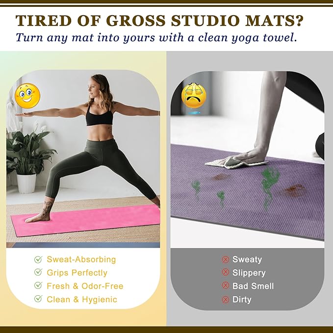 Yoga Mat Towel with Hand Towel, Extra Thick (600GSM) Soft Hot Yoga Towel, Non-Slip and Sweat Absorbent for Hot Yoga, Bikram, Pilates, and Fitness, 72" x 27.5", Dual-Color, Grey/Pink