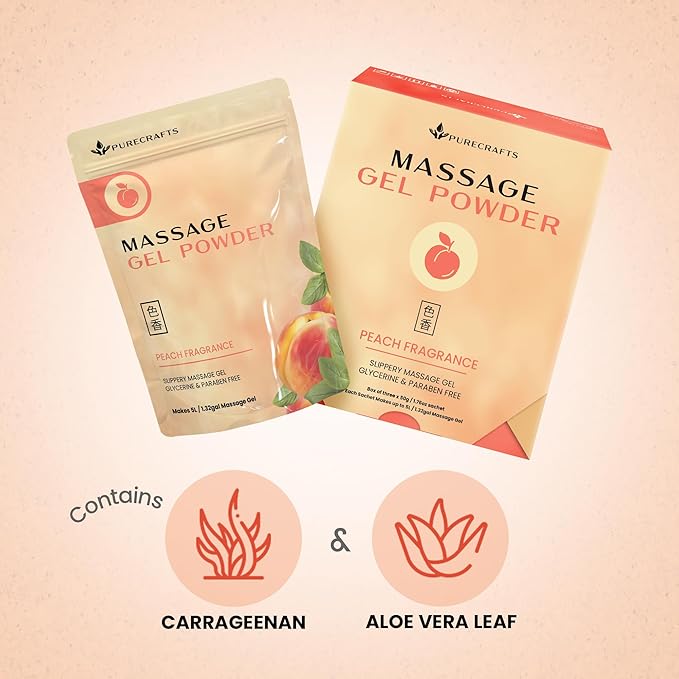 Massage Gel Powder 50g | Peach Fragrance | Made in Japan | Smooth and Slippery Gel for Wellness and Relaxation | 50g Makes 1.32 Gallons/ 5 litres | Just Add Water