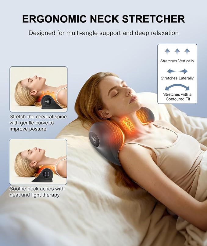 RINGCO Neck Massager with Heat, Red Light & Vibration Adjustable, Heated Neck Stretcher with 3 Modes, Rechargeable Cervical Traction Device for Pain Relief & Muscle Relaxation, Gift for Women Men