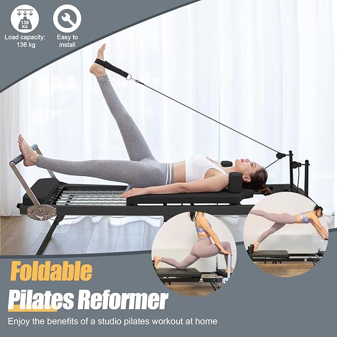 Foldable Pilates Equipment, Portable Pilates Reformer, Folding Home Fitness Workout Machine Supports Up to 300 Lbs Comfortable to Use