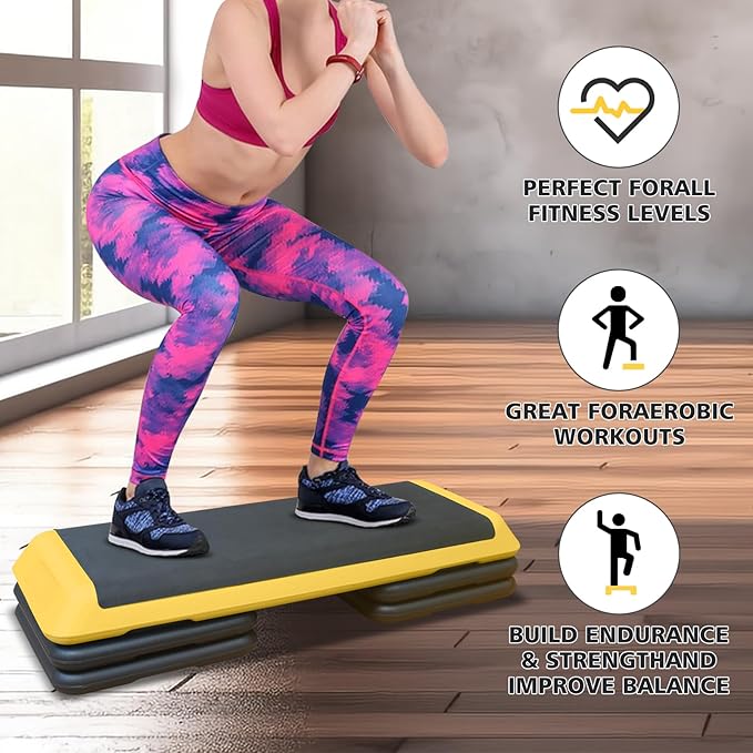 43'' Exercise Aerobic Step Platform, Adjustable Height 4-6-8in Exercise Stepper Workout with 4 Detachable Risers, Aerobics Stepper Workout Stepper for Home Gym Cardio Strength & Training