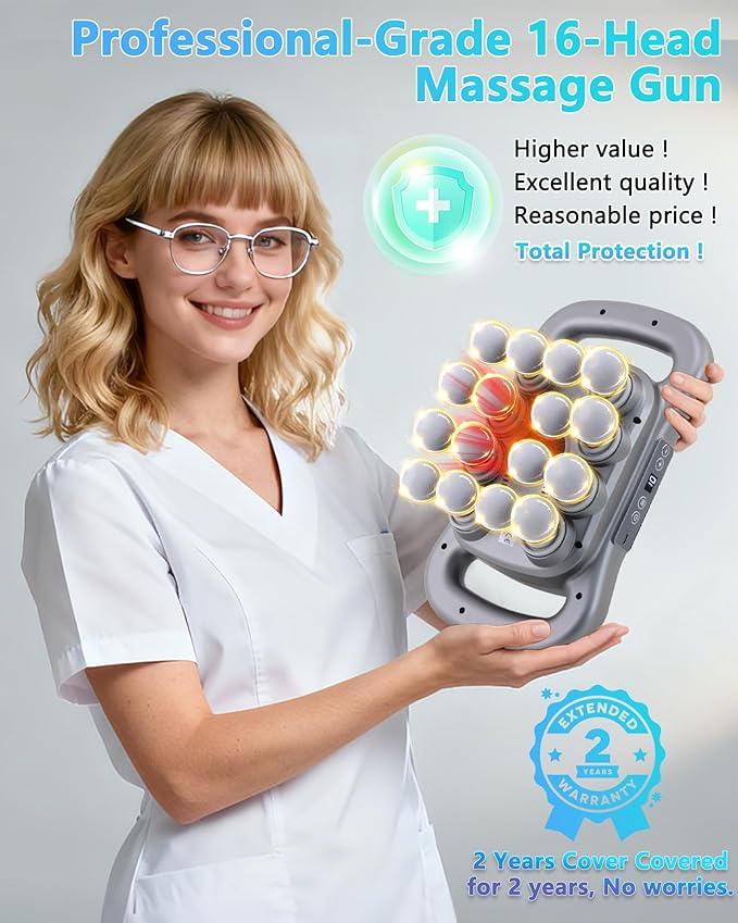 16-Head Massage Gun, Deep Tissue Percussion Massager with 9 Modes & 9 Intensities, 2600mAh Battery Back Bassager for Pain Relief Deep Tissue for Muscle Pain Relief in Back, Legs, Shoulders