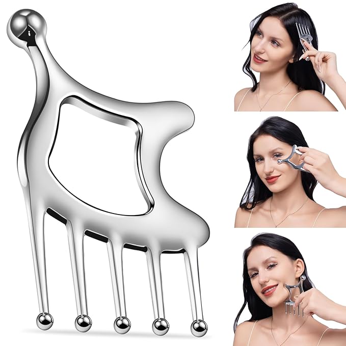 Gua Sha Tool with Handle,5in1 Scalp Massage Tool for Head&Face&Body, Protable Scalp Comb Guasha for Deep Relaxation and Relieving Pain, Acupressure and Trigger Point Tool for SPA