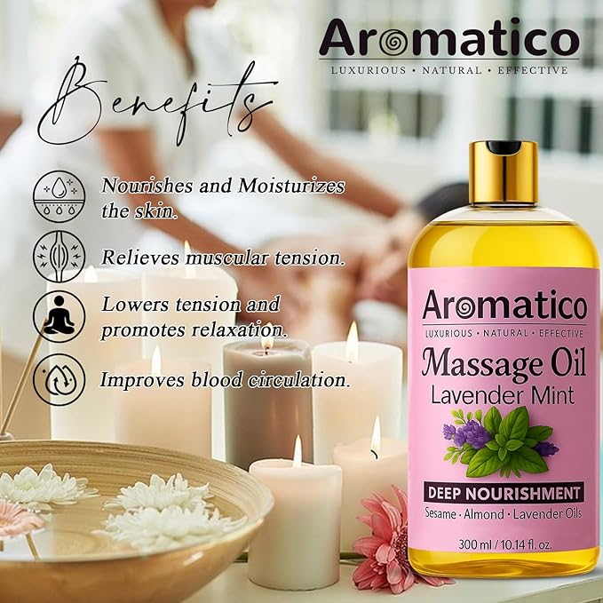 Lavender Mint Massage Oil with Sesame, Almond & Jojoba Oils. Non-Sticky, Safe & Natural Ingredients – 10 Fl Oz