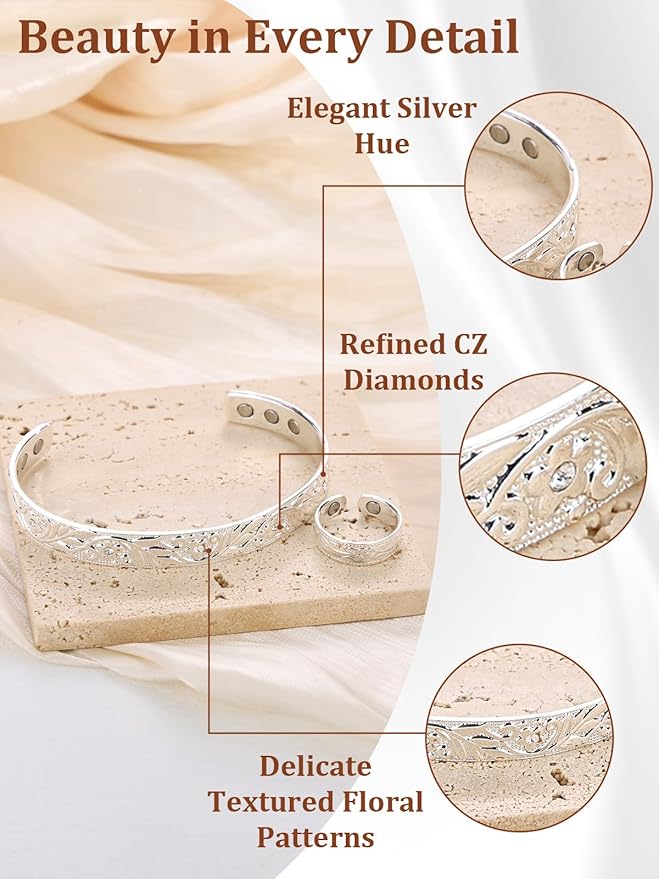 BioMag Lymphatic Drainage Ring & Copper Bracelet, 99.99% Pure Copper Magnetic Bracelet & Ring with Built-in 3500 Gauss Magnets, Adjustable Size,Floral Branch and Leaf Pattern