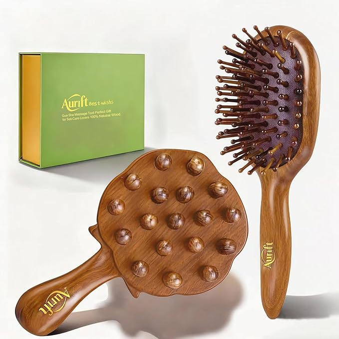 Wooden Scalp Massager & Cushion Hair Brush Gift Set – Manual Head Massage Brush with Rounded Tips, Gentle Scalp Stimulation & Daily Hair Care – Gift-Ready Self-Care Set
