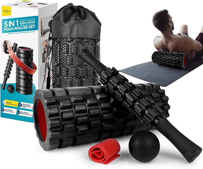 5-in-1 Foam Roller Set - Deep Tissue Muscle Recovery Kit with High Density Exercise Roller, Massage Ball, Resistance Band & Carry Bag for Physical Therapy & Pain Relief (Black)