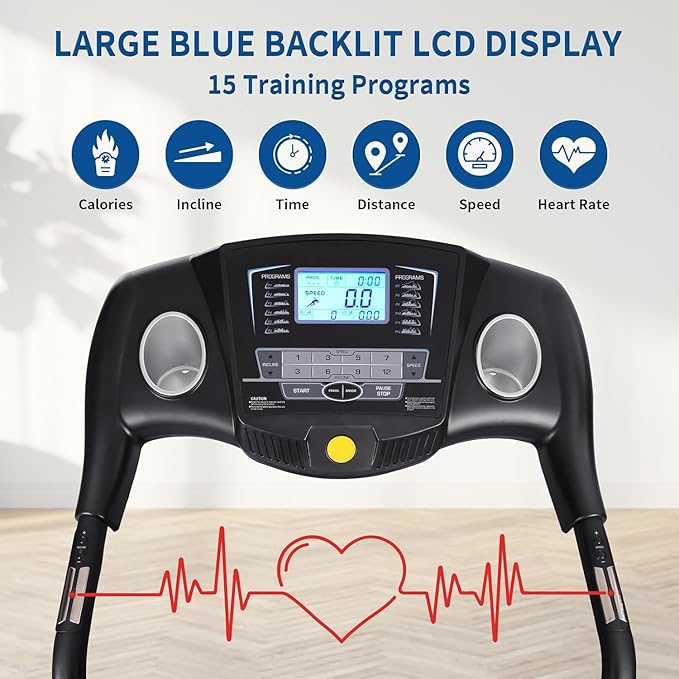 Treadmills for Home, Folding Treadmill with 12% Auto Incline, 2.5 HP, 8.5 MPH Speed, 15 Preset Programs, Heart Rate Sensor, LCD Display, 220 lb Weight Capacity for Office Workout