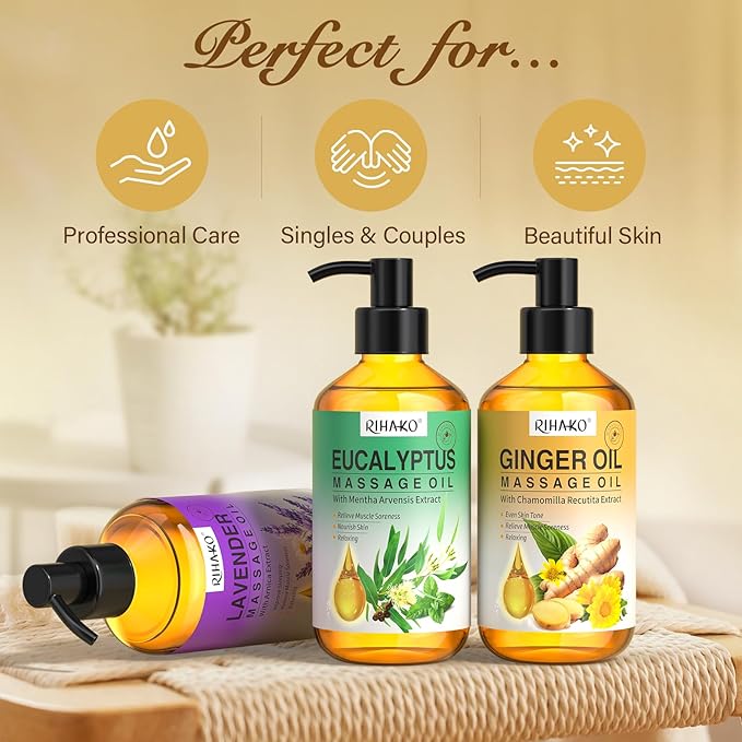 Valentine 's Day Gift for Women 3 Pack Massage Oil for Massage Therapy,Ginger for Lymphatic Drainage, Lavender for Relaxation, Eucalyptus Mint for Muscle Relief | Massage Therapy & Date Night Spa Gift