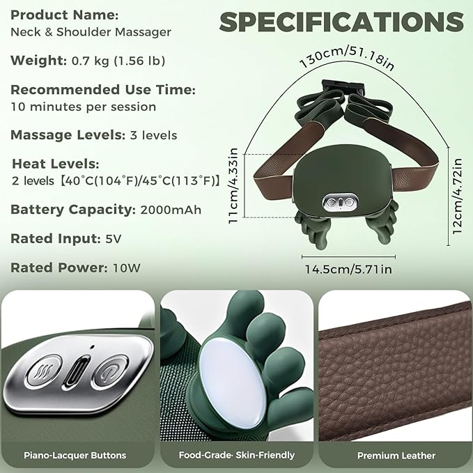 Shoulder & Neck Massager with Heat, 4D Bionic Heated Neck Massager with Fingers Simulates a Real Palm Massage for Comfort, 3 Intensity Levels + 2 Heat Settings Relax Muscle Tension