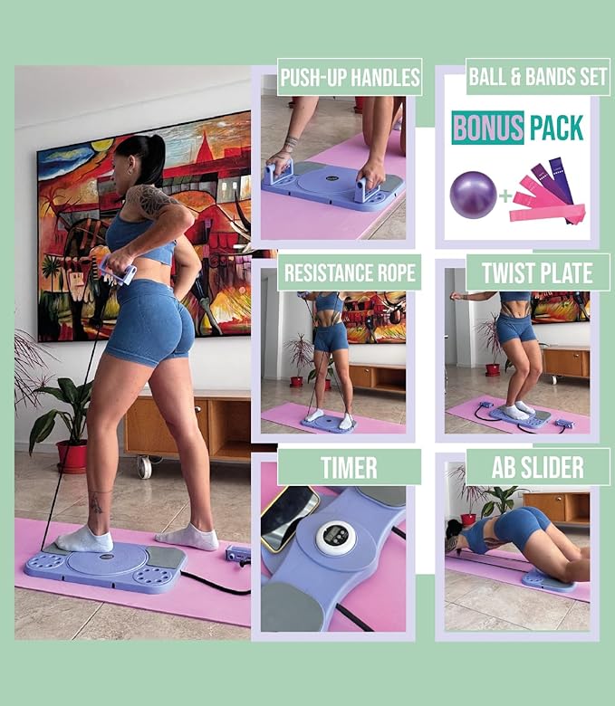 Pilates Board Portable Reformer Set Pilates Kit with Resistance Bands Ball Timer Display for Home Workout Fitness Abs Glutes Women Foldable Multifunction Pilates Machine